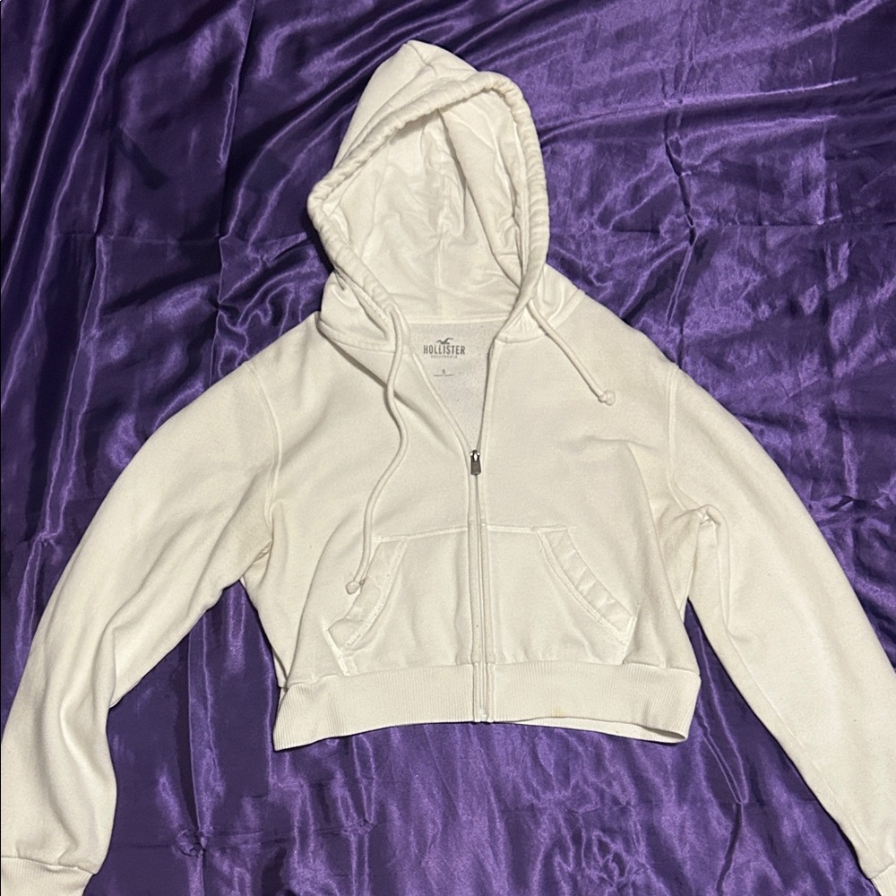 Hollister White Cropped Zip Hoodie